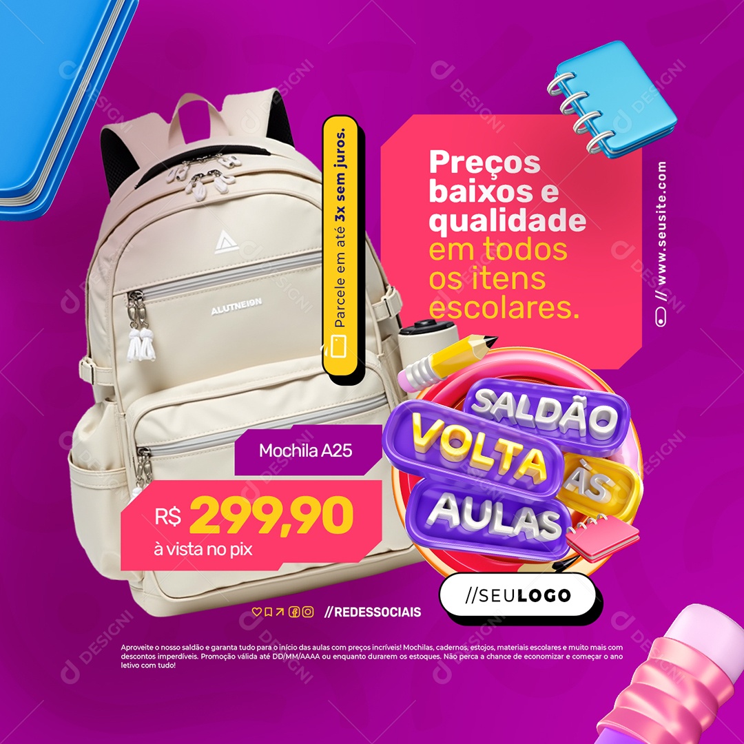 Saldão Volta às Aulas Papelaria Mochila Preços Baixos Social Media PSD Editável
