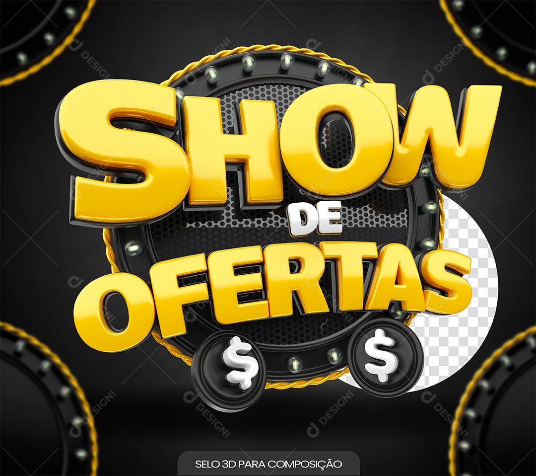 Show De Ofertas Selo 3D Amarelo e Preto para Composição PSD