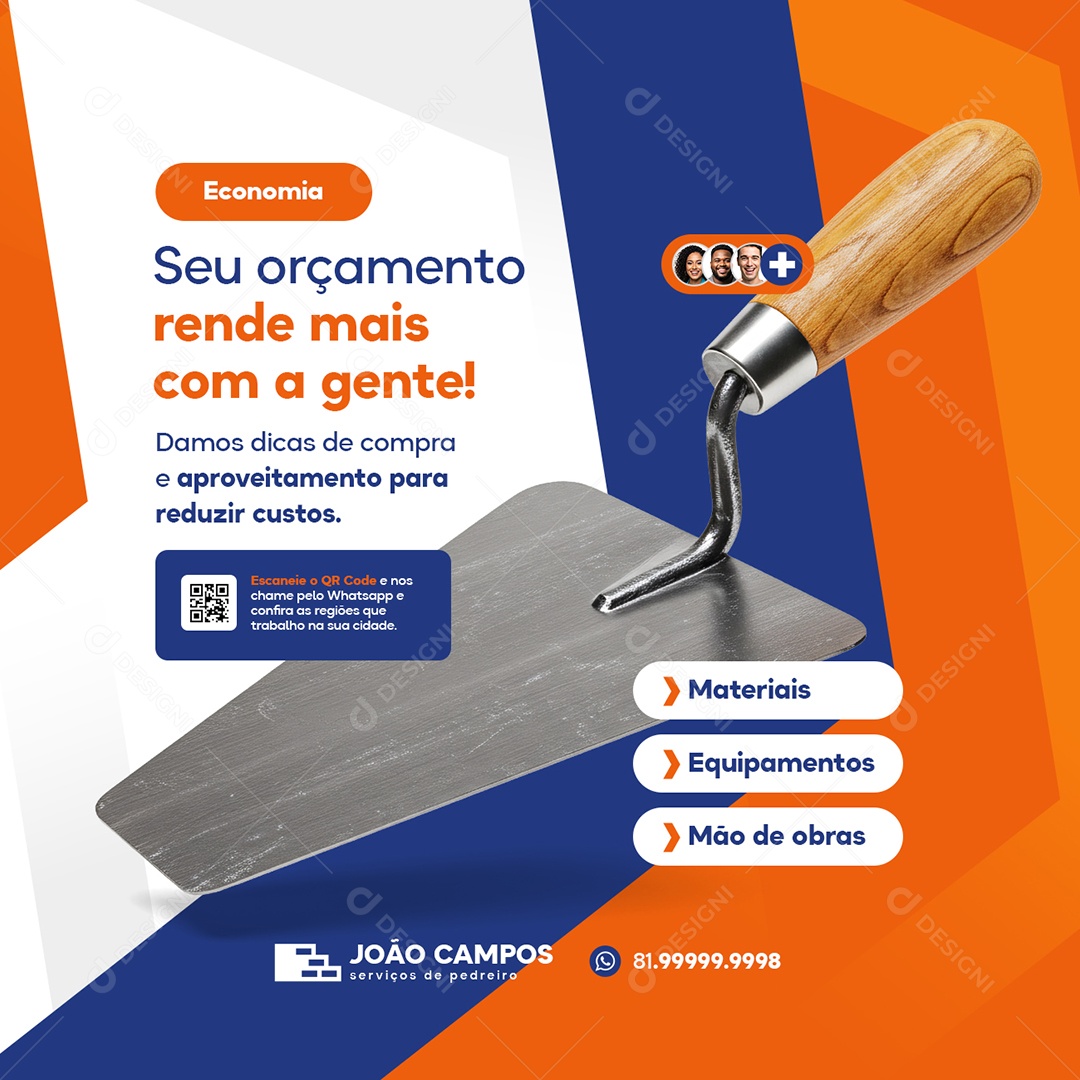 Pedreiro Economia Seu Orçamento Rende Mais Com a Gente Social Media PSD Editável
