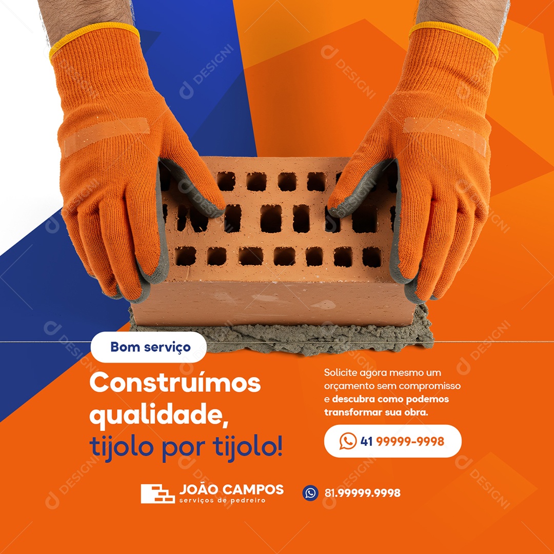 Pedreiro Bom Serviço Construímos Qualidade Social Media PSD Editável