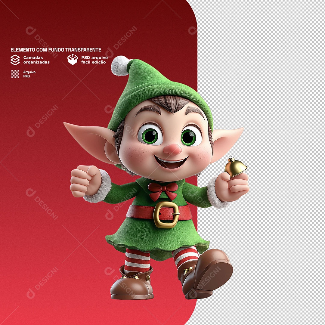 Personagem 3D Duende de Natal Feliz para Composição PSD