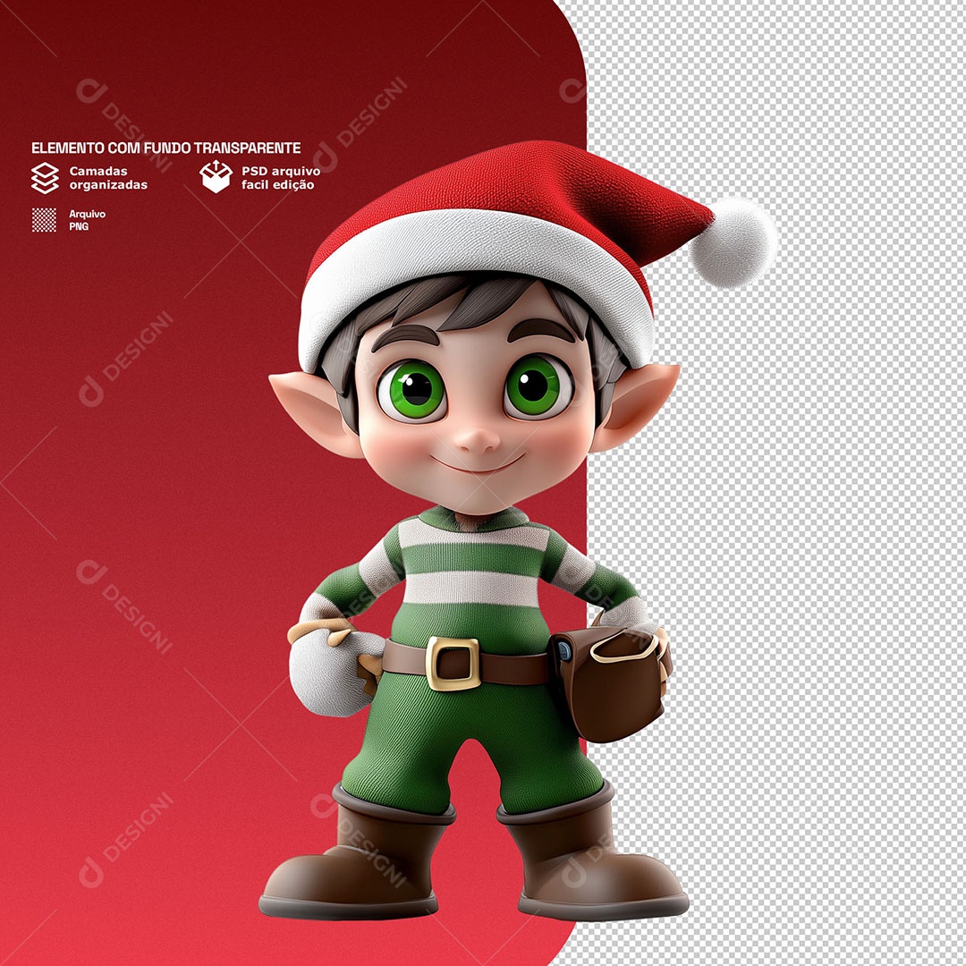 Personagem 3D Duende de Natal Feliz para Composição PSD