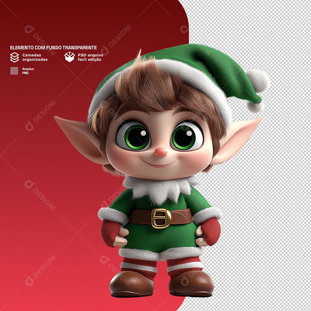 Personagem 3D Duende de Natal Feliz para Composição PSD