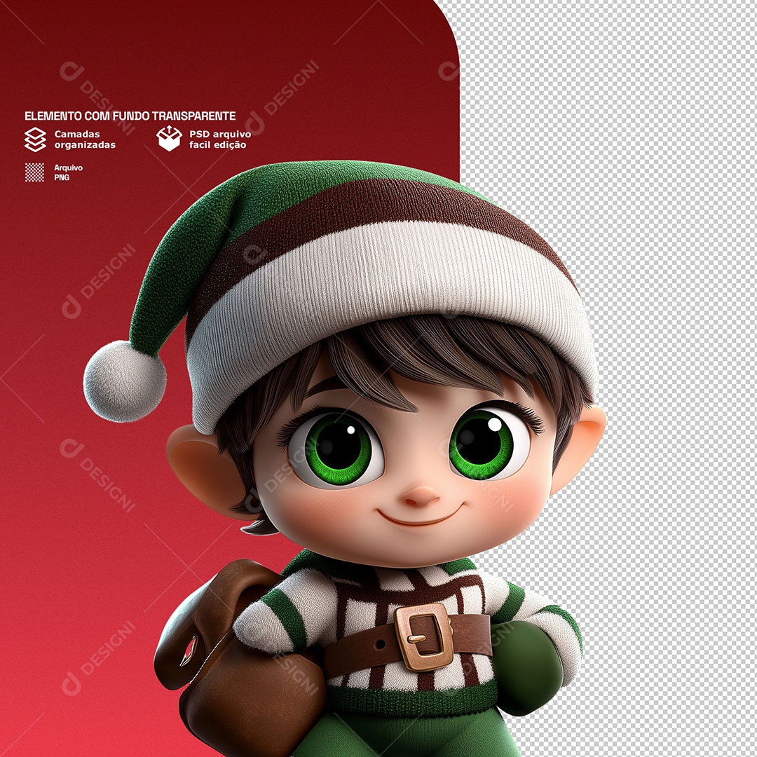 Personagem 3D Duende de Natal Feliz para Composição PSD