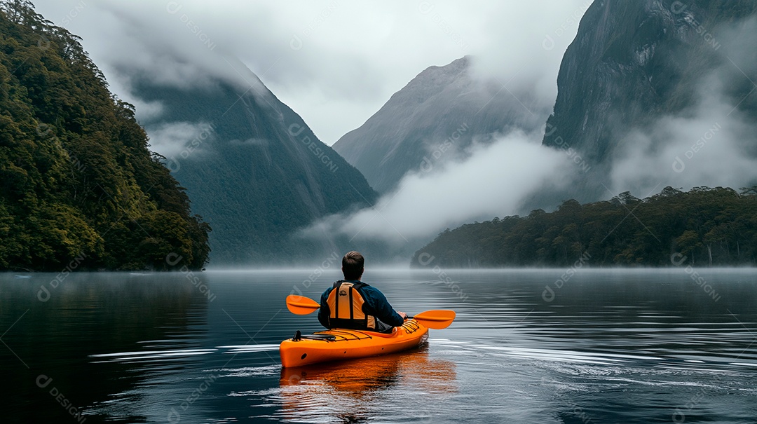 Um homem sentado em um caiaque