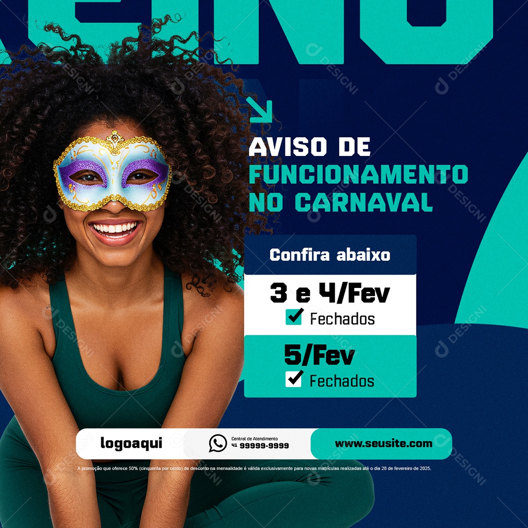 Aviso de Funcionamento no Carnaval Academia Social Media PSD Editável