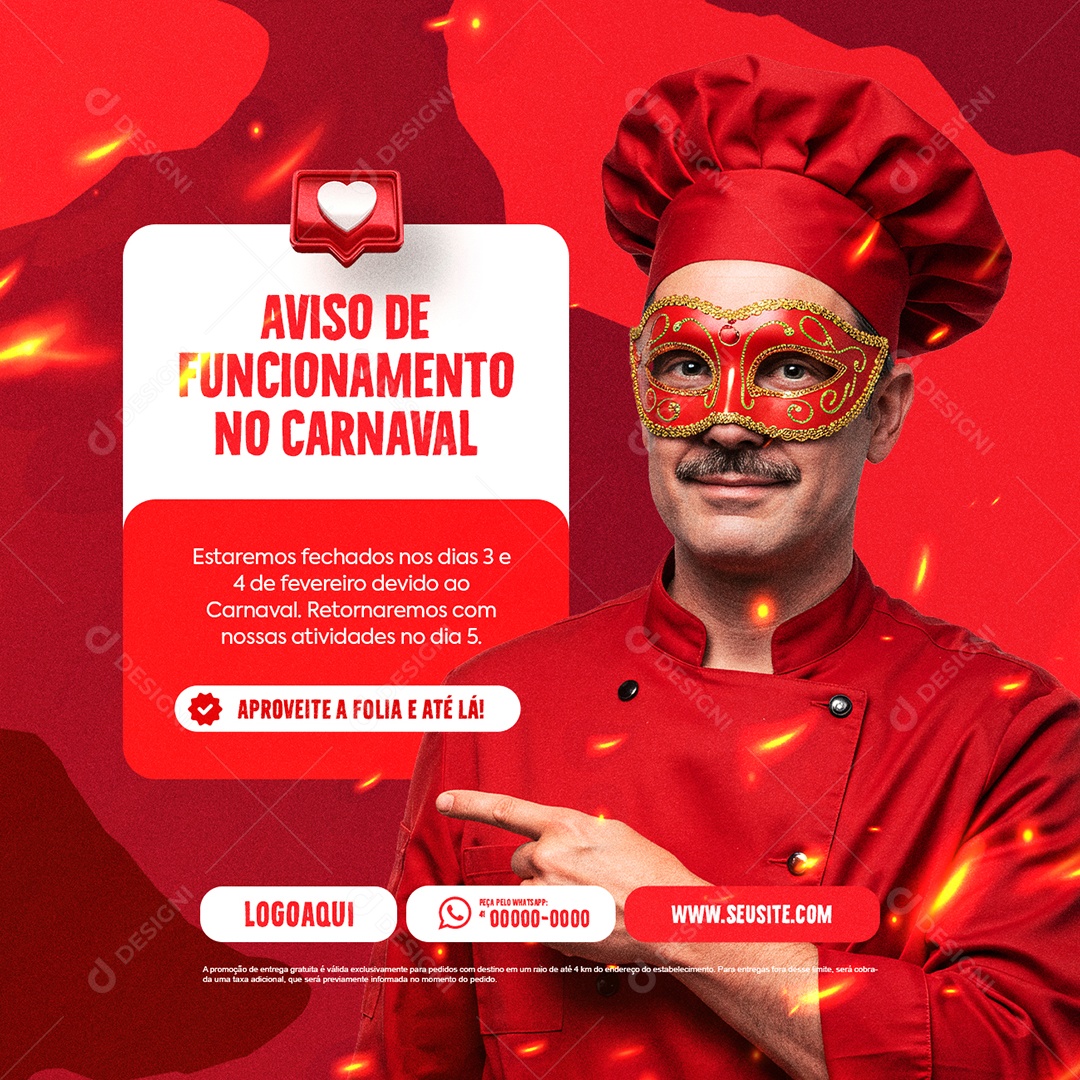 Aviso de Funcionamento no Carnaval Restaurante Social Media PSD Editável