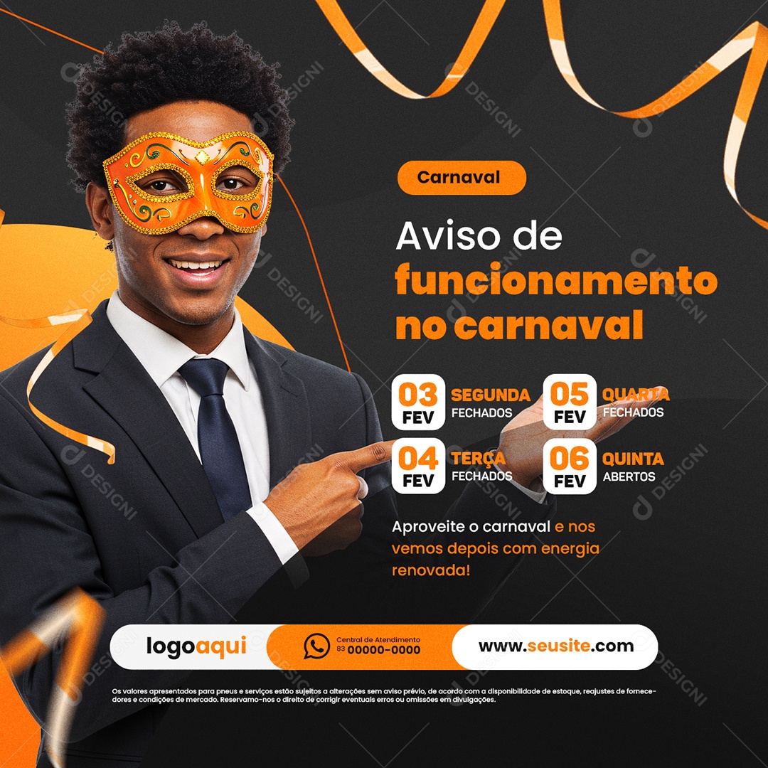 Aviso de Funcionamento no Carnaval Advocacia Social Media PSD Editável