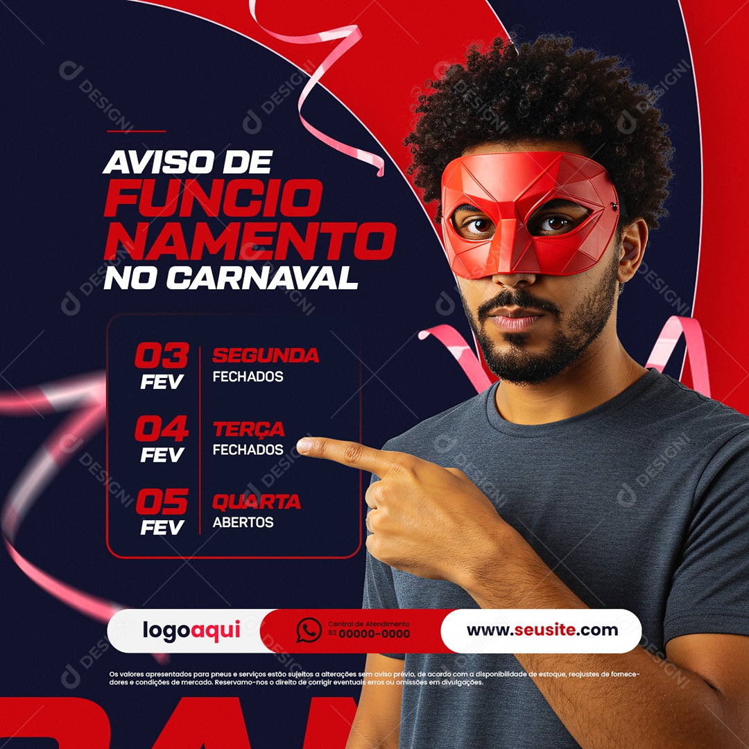 Aviso de Funcionamento no Carnaval Social Media PSD Editável