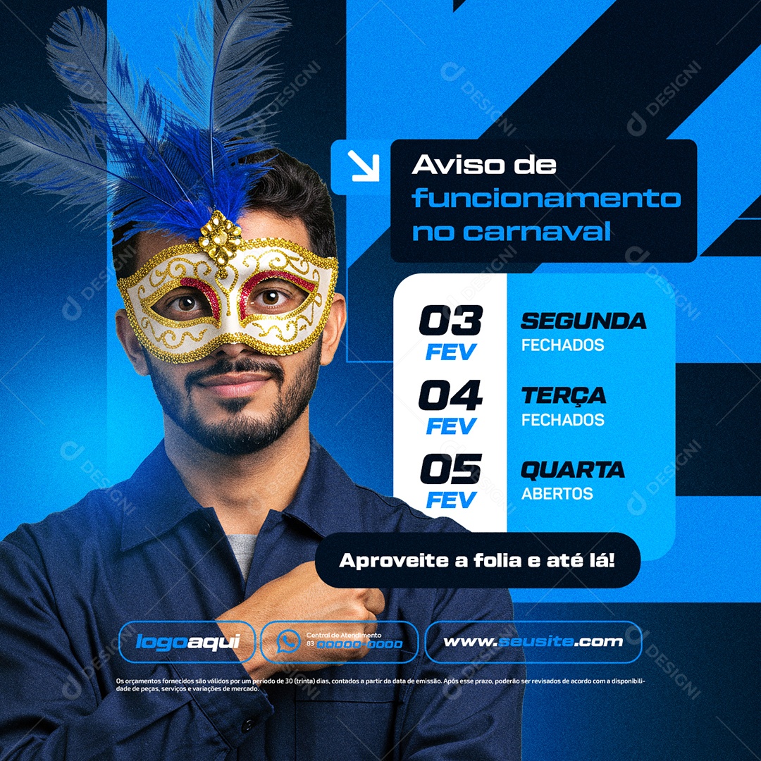 Aviso de Funcionamento no Carnaval Oficina Social Media PSD Editável