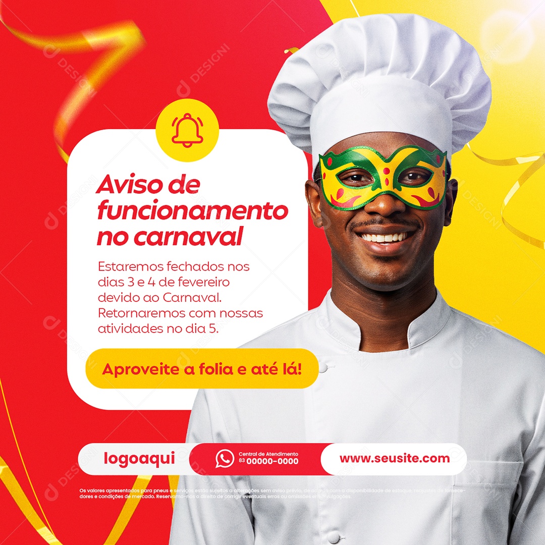 Aviso de Funcionamento no Carnaval Restaurante Social Media PSD Editável