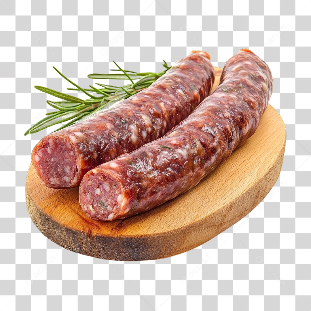 Linguiça Calabresa em Tábua de Madeira PNG Transparente