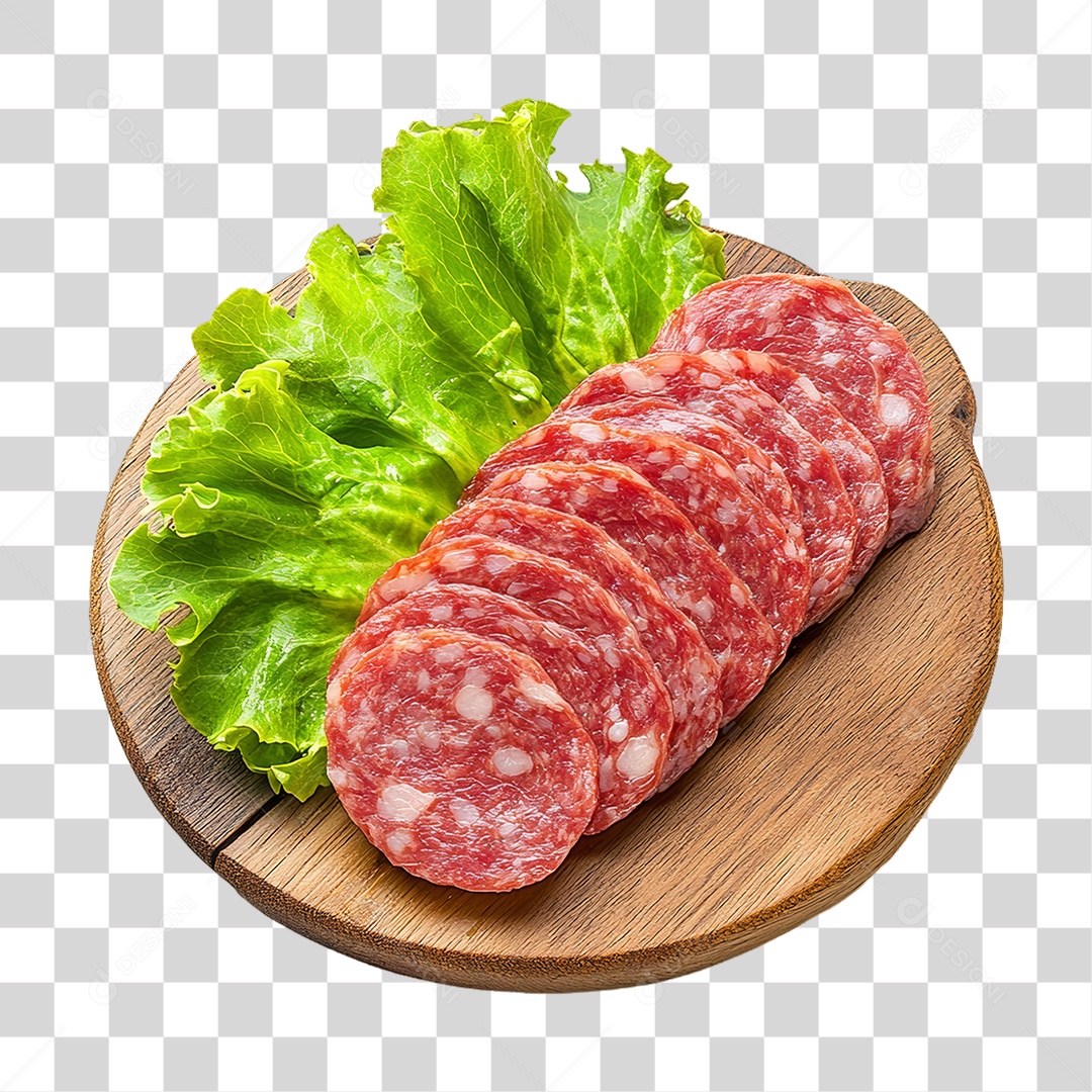 Linguiça Calabresa em Tábua de Madeira PNG Transparente