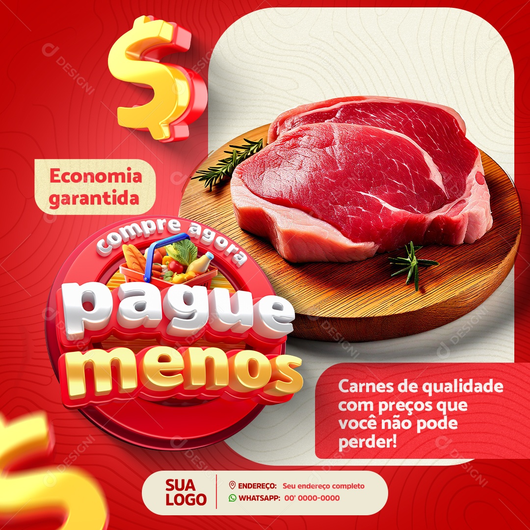 Feed Supermercado Pague Menos Carnes de Qualidade Social Media PSD Editável