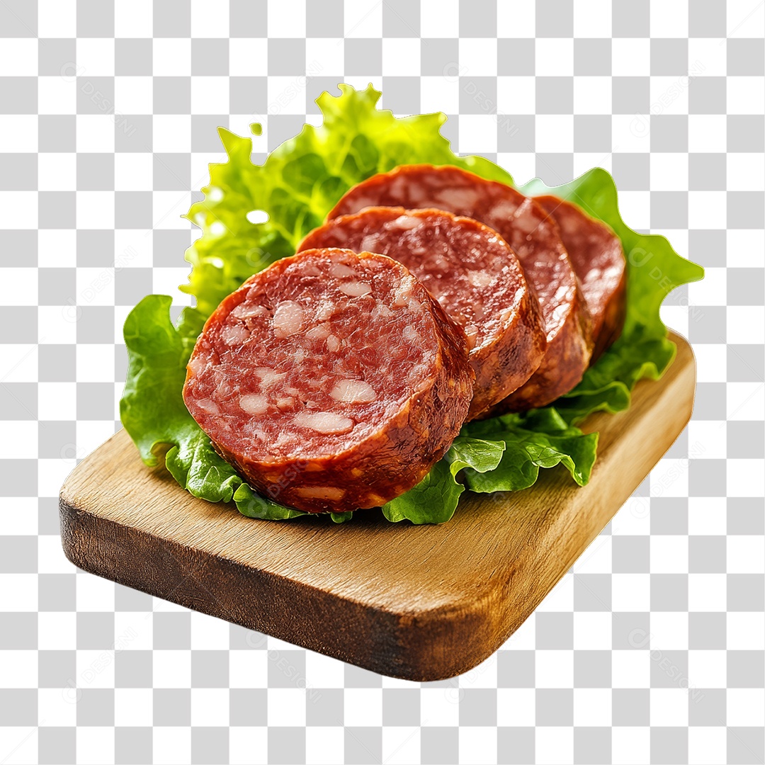 Linguiça Calabresa em Tábua de Madeira PNG Transparente