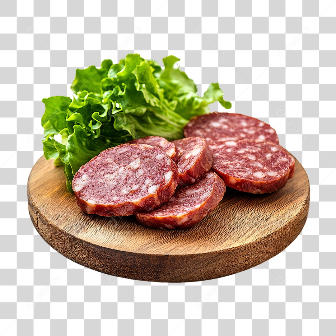 Linguiça Calabresa em Tábua de Madeira PNG Transparente