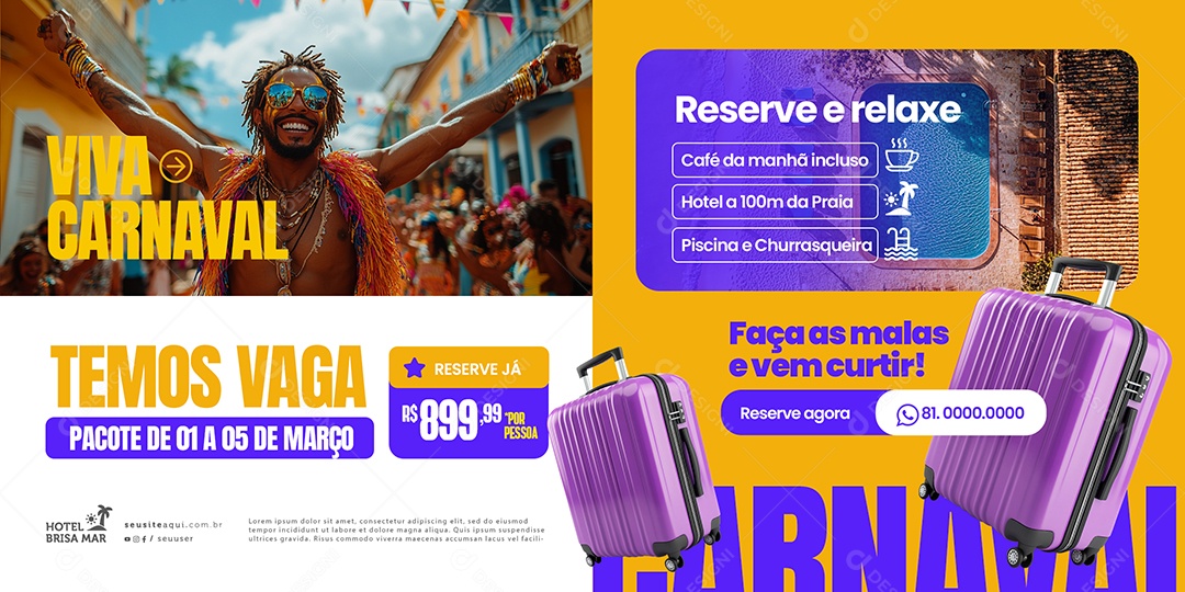 Carrossel Social Media Carnaval Vaga para Hotel Pousada Social Media PSD Editável