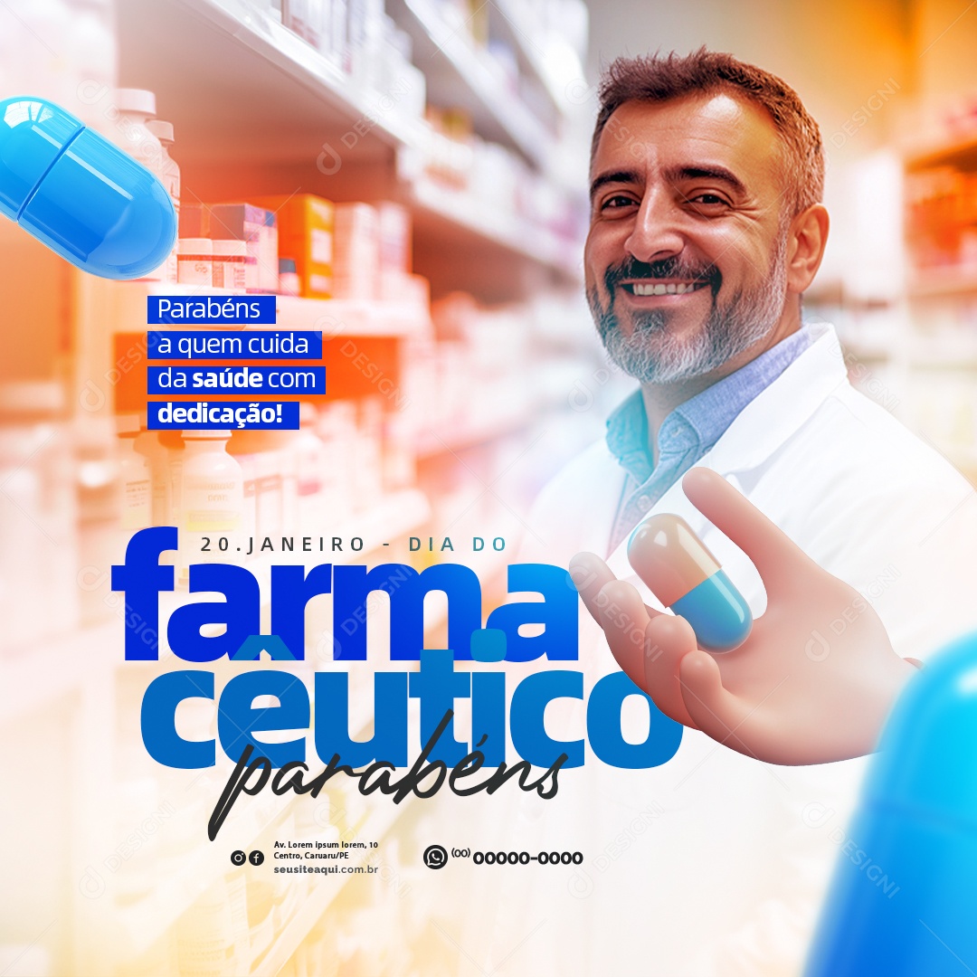 Dia do Farmacêutico 20 de Janeiro Parabéns Social Media PSD Editável
