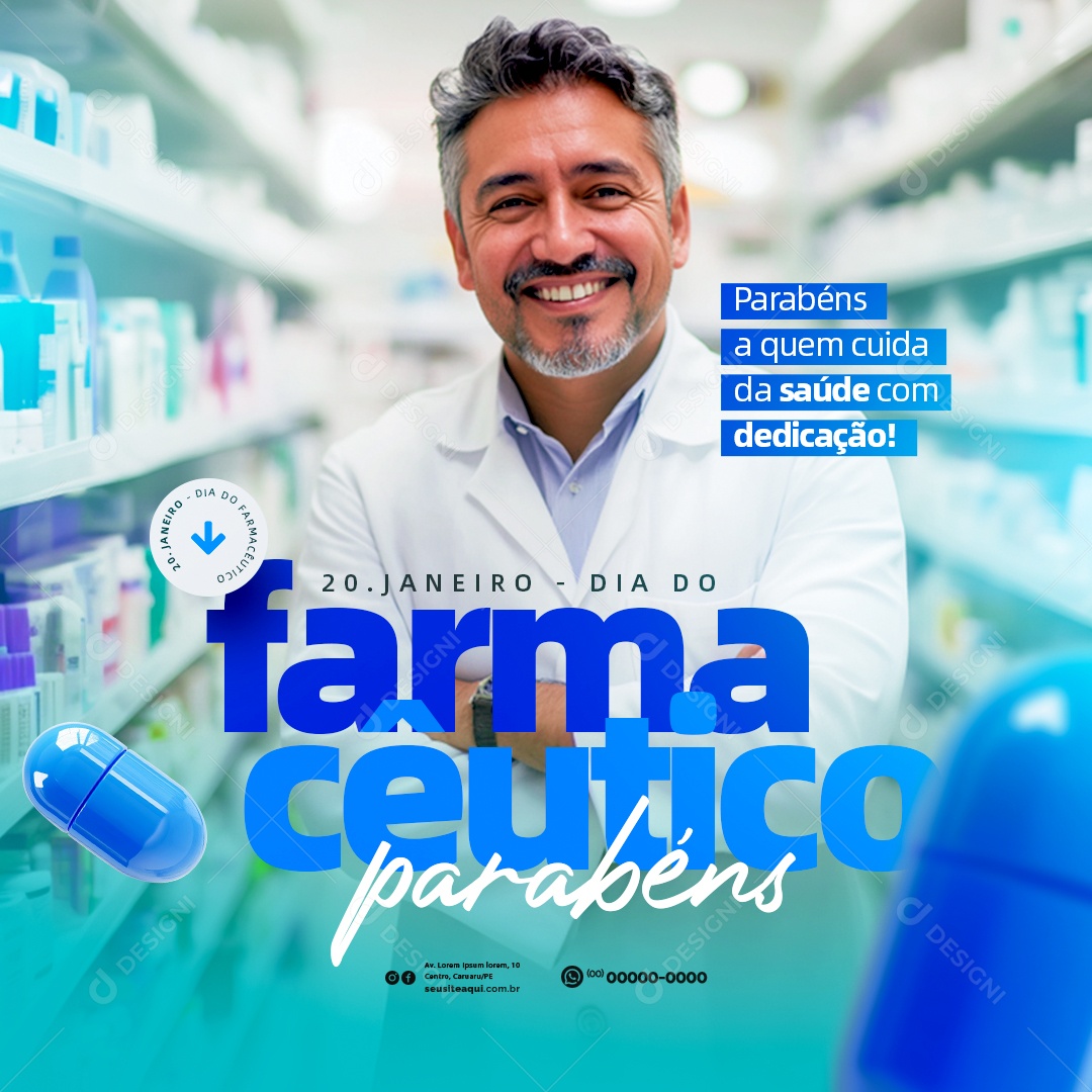 Dia do Farmacêutico 20 de Janeiro Parabéns Social Media PSD Editável