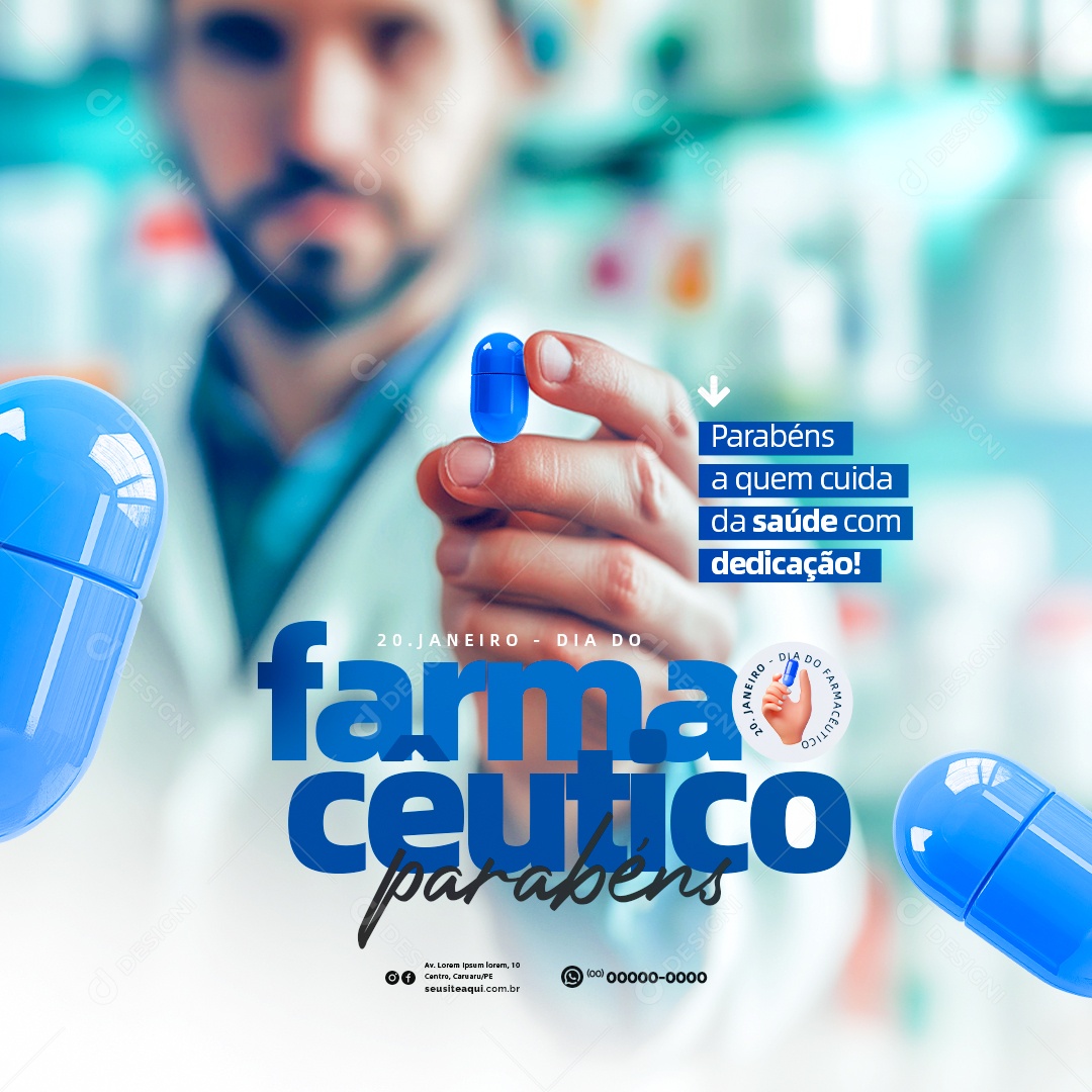 Dia do Farmacêutico 20 de Janeiro Parabéns Social Media PSD Editável