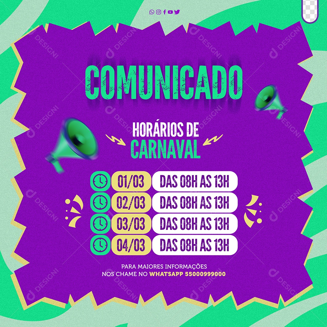 Feed Carnaval Comunicado Horários de Funcionamento Social Media PSD Editável