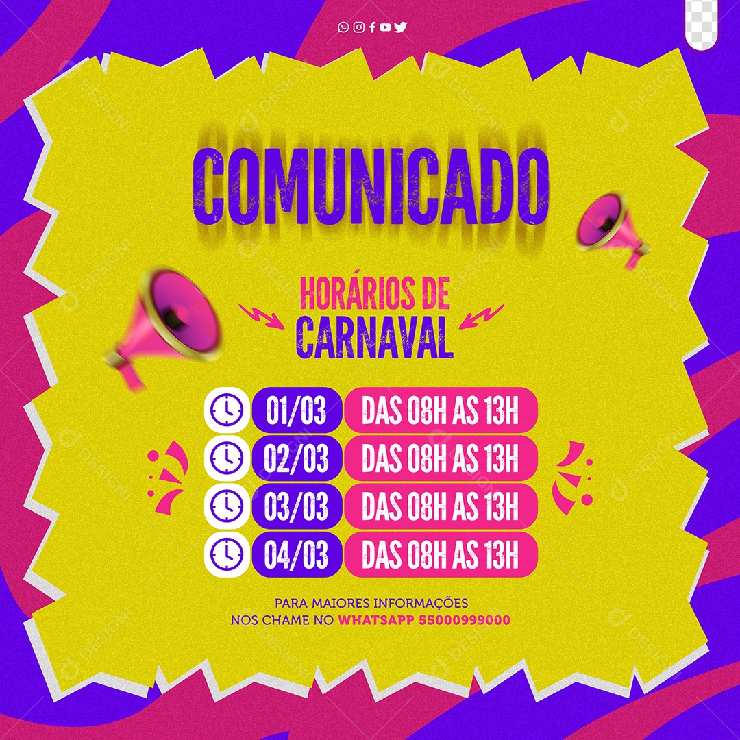Feed Carnaval Comunicado Horários de Funcionamento Social Media PSD Editável