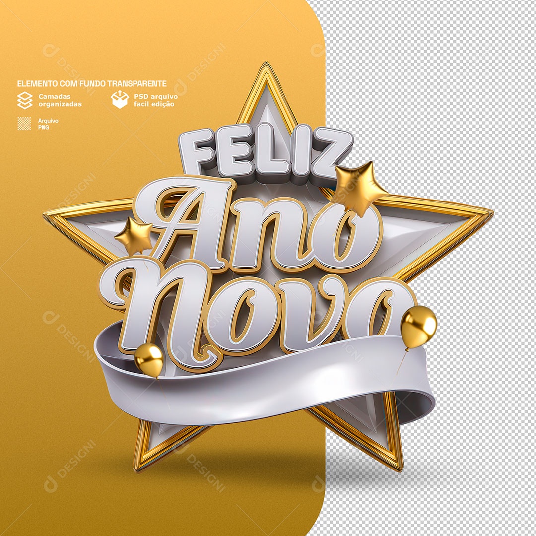 Selo 3D Estrela Feliz Ano Novo Elemento 3D Para Composição PSD