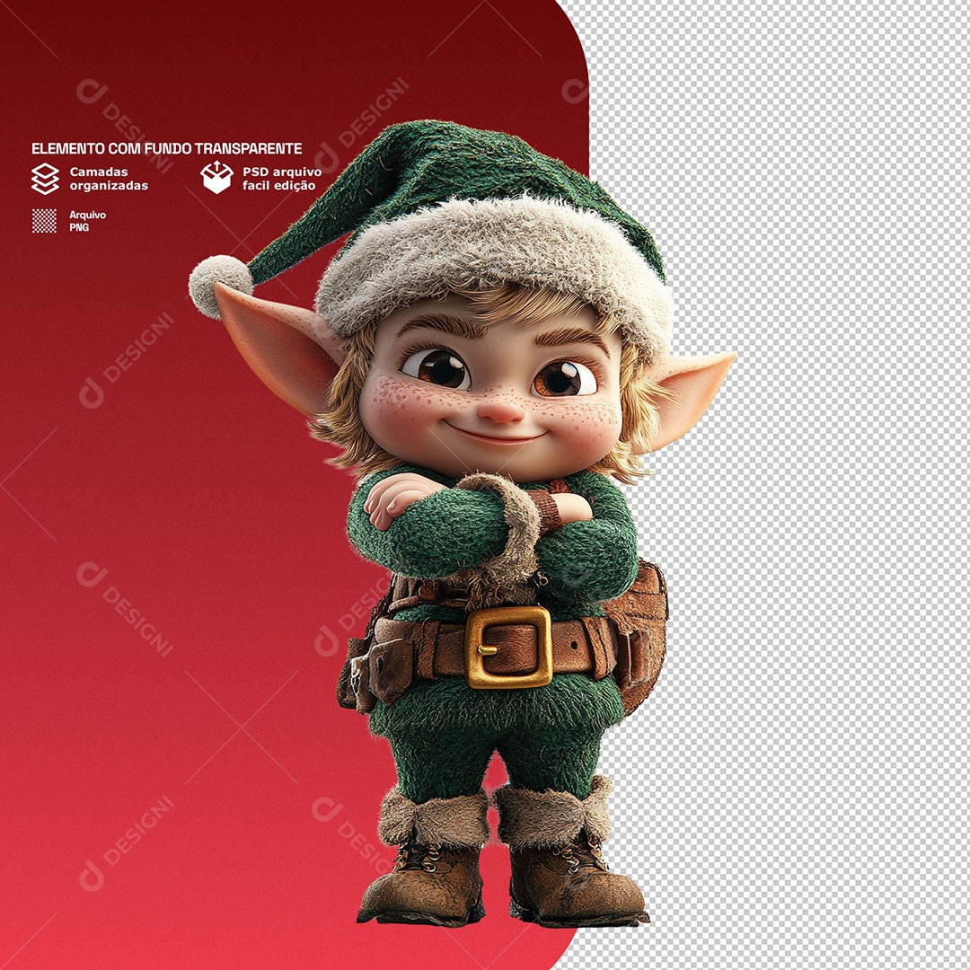 Personagem 3D Duende de Natal para Composição PSD