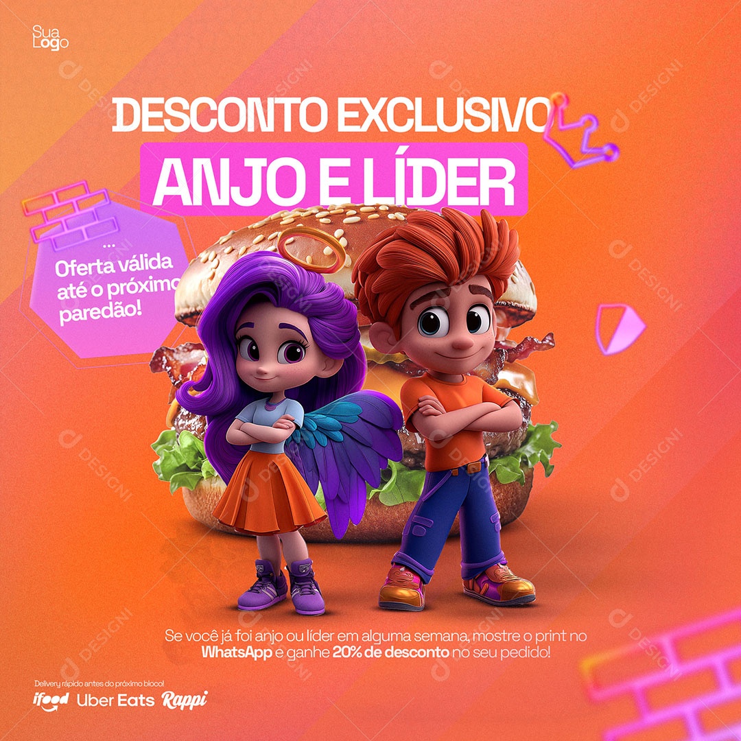 Hambúrgueria Desconto Exclusivo Anjo e Líder Social Media PSD Editável