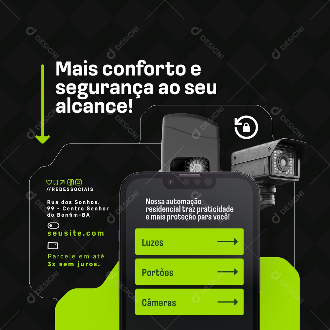 Segurança Luzes Port]oes Câmeras Social Media PSD Editável