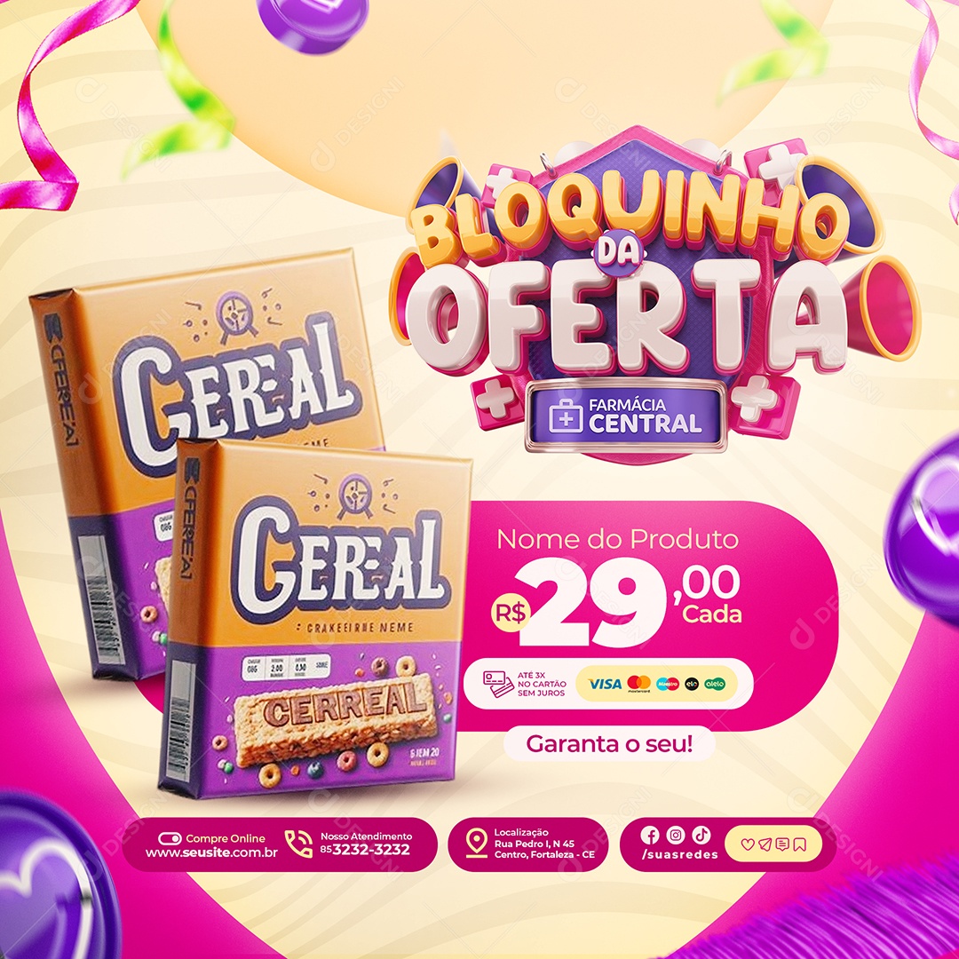 Bloquinho da Oferta Farmácia Cereal Garanta o Seu Social Media PSD Editável