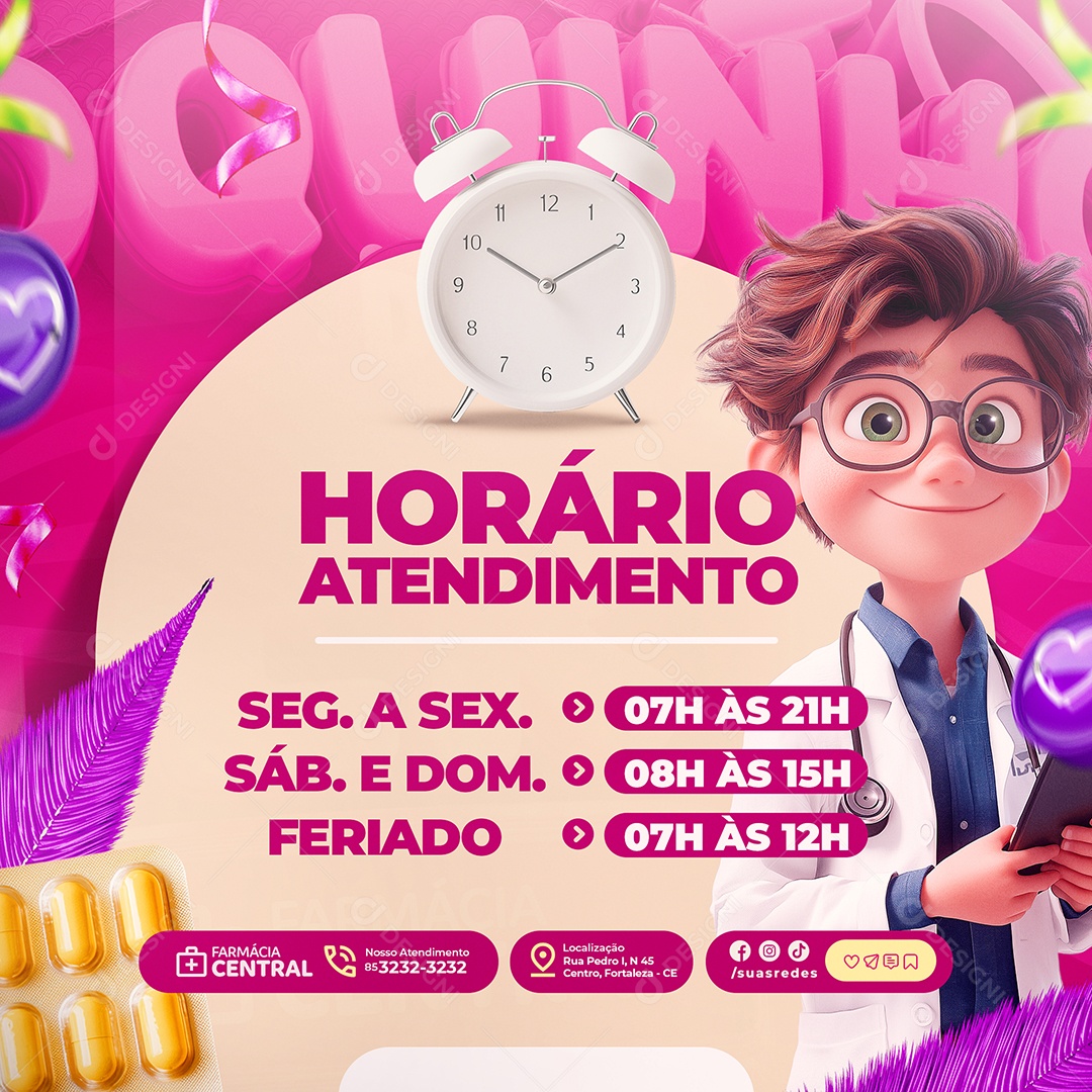 Bloquinho da Oferta Farmácia Horário Atendimento Social Media PSD Editável