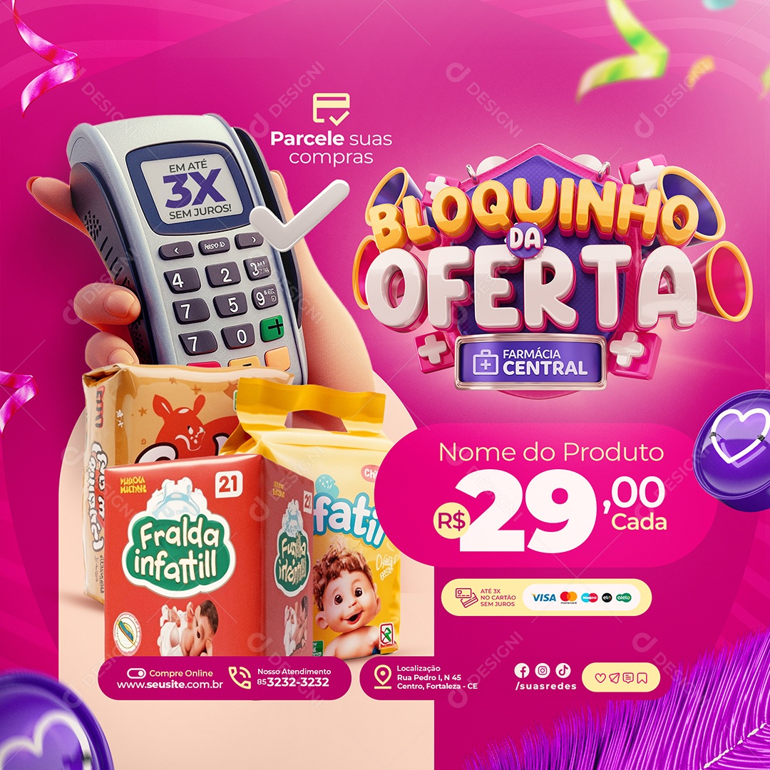Bloquinho da Oferta Farmácia Fraldas Parcele suas Compras Social Media PSD Editável