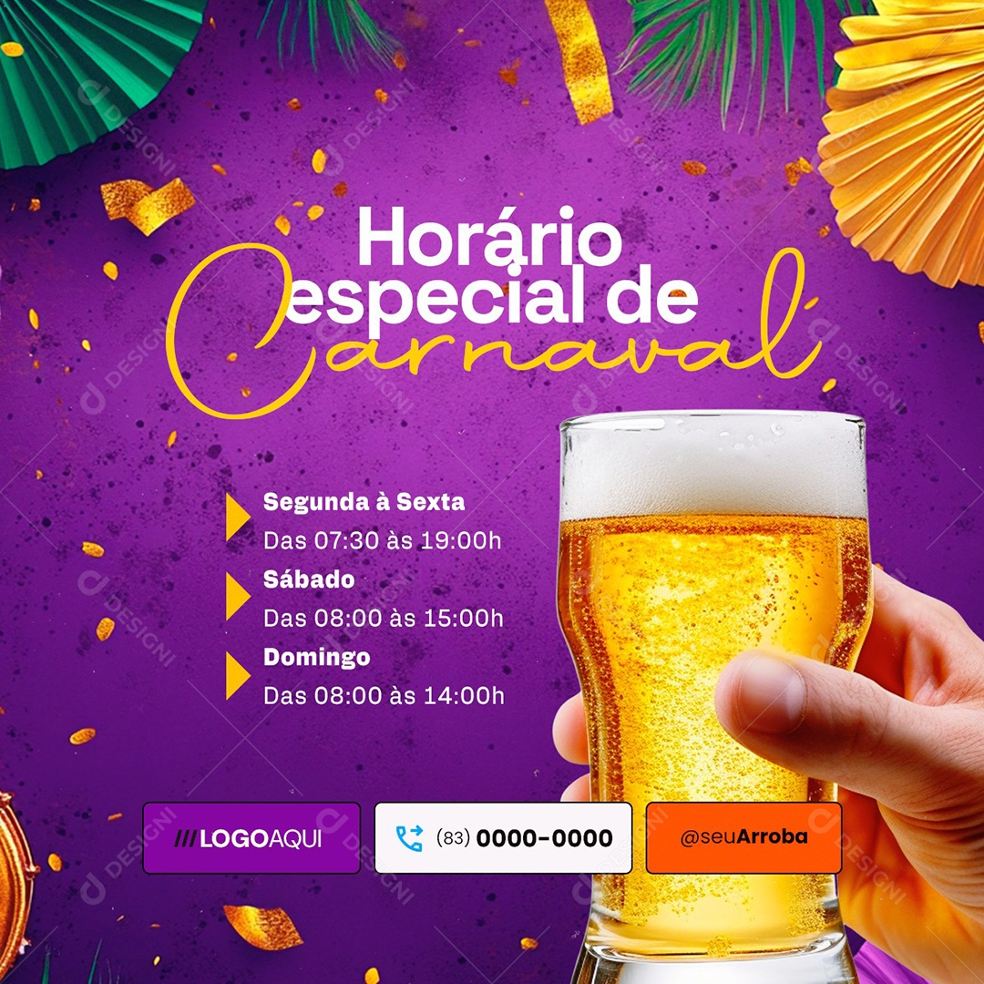 Horário Especial De Carnaval Cervejaria Bar Distribuidora de Bebidas Social Media PSD Editável