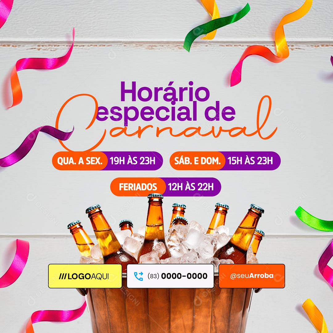 Horário Especial De Carnaval Cervejaria Bar Distribuidora de Bebidas Social Media PSD Editável