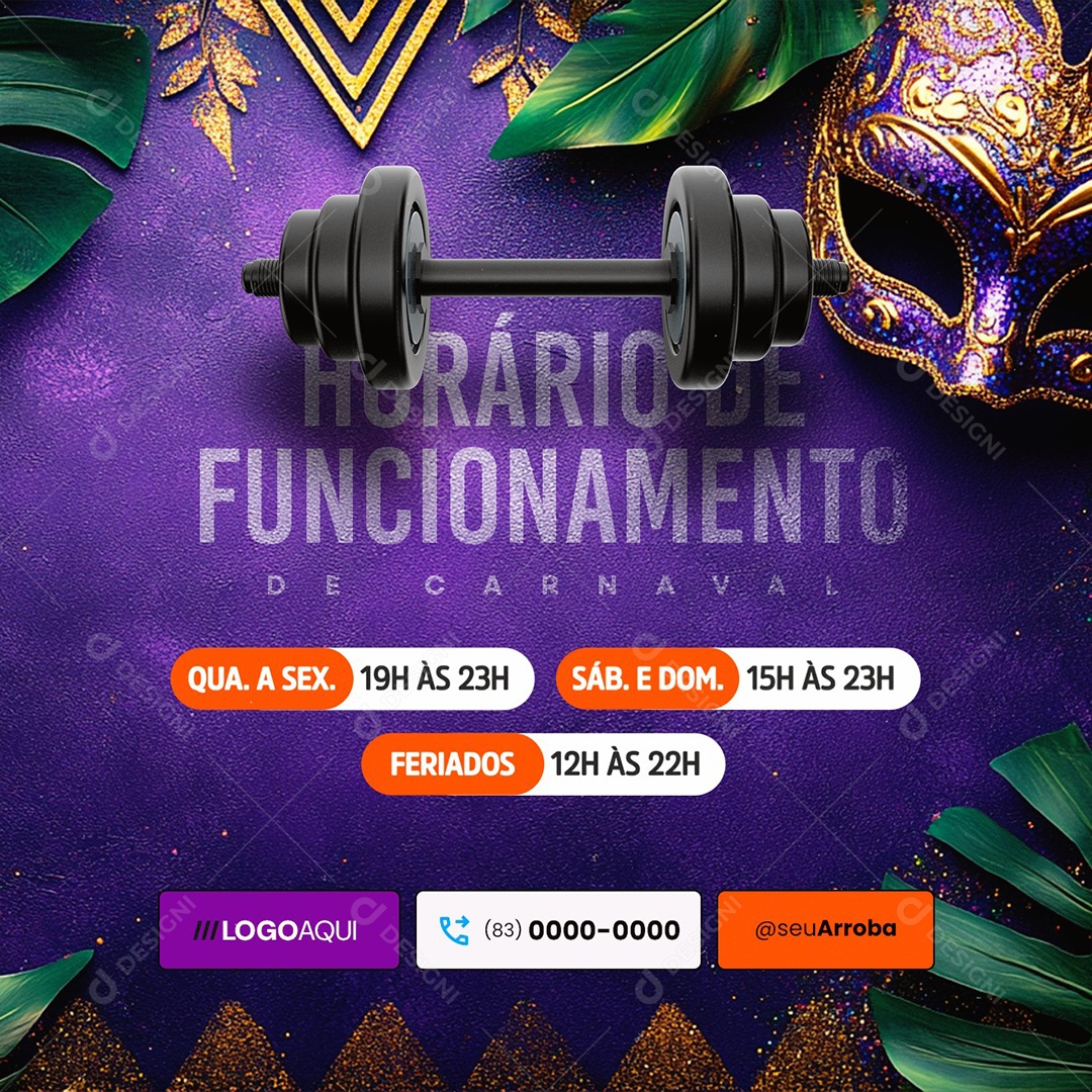 Horário de Funcionamento De Carnaval Academia Social Media PSD Editável