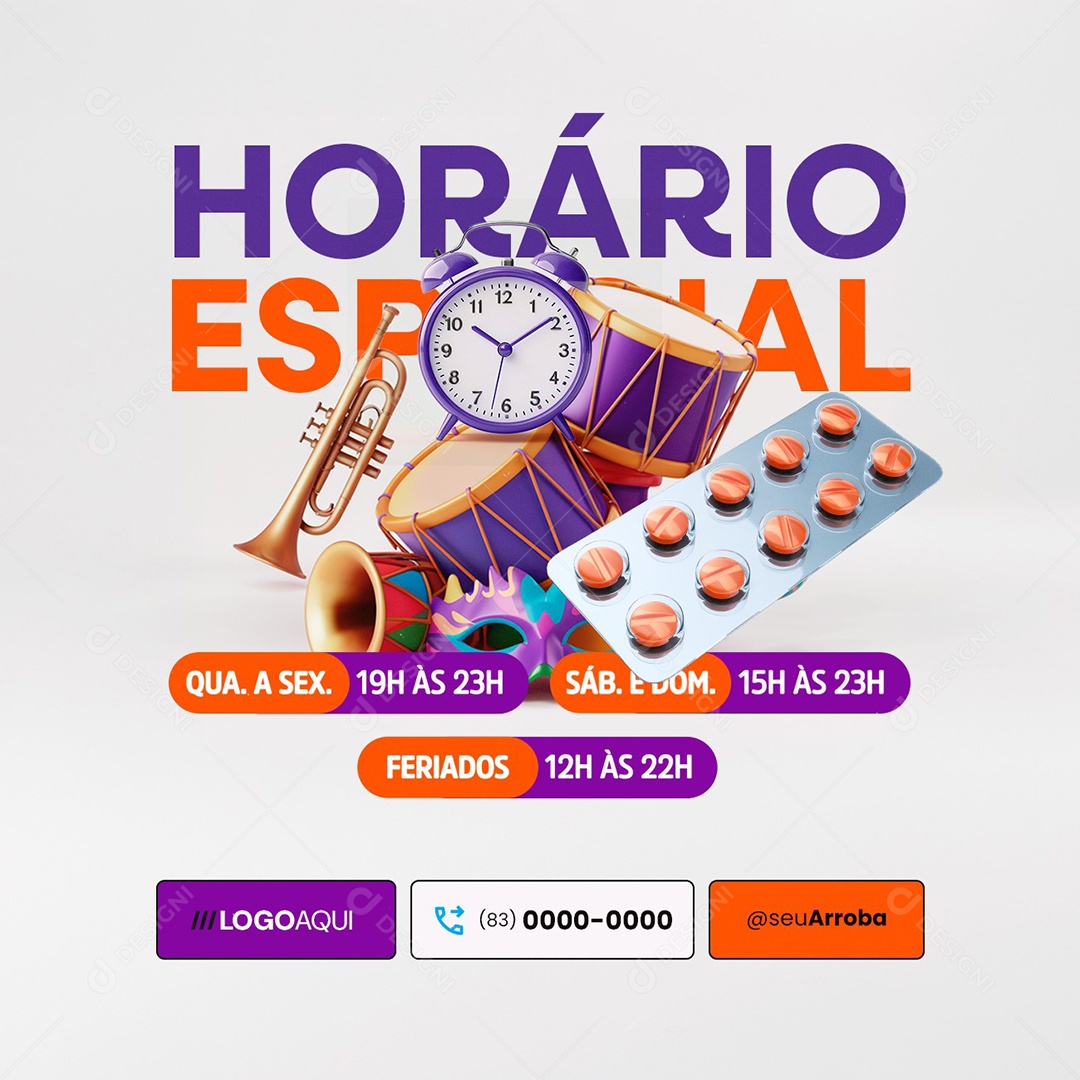 Horário Especial Carnaval Farmácia Social Media PSD Editável
