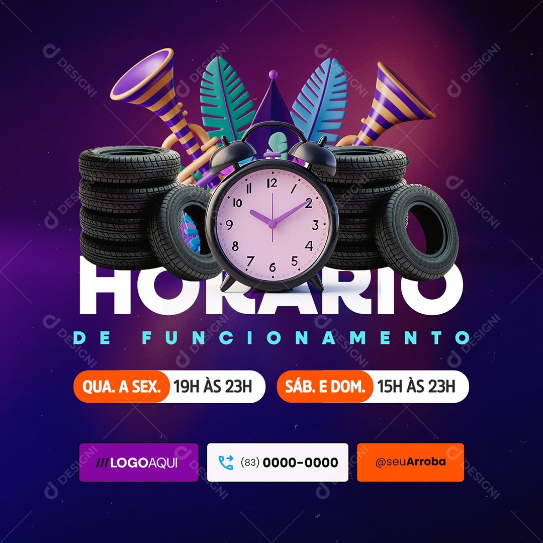 Horário de Funcionamento Carnaval Loja de Pneus Social Media PSD Editável