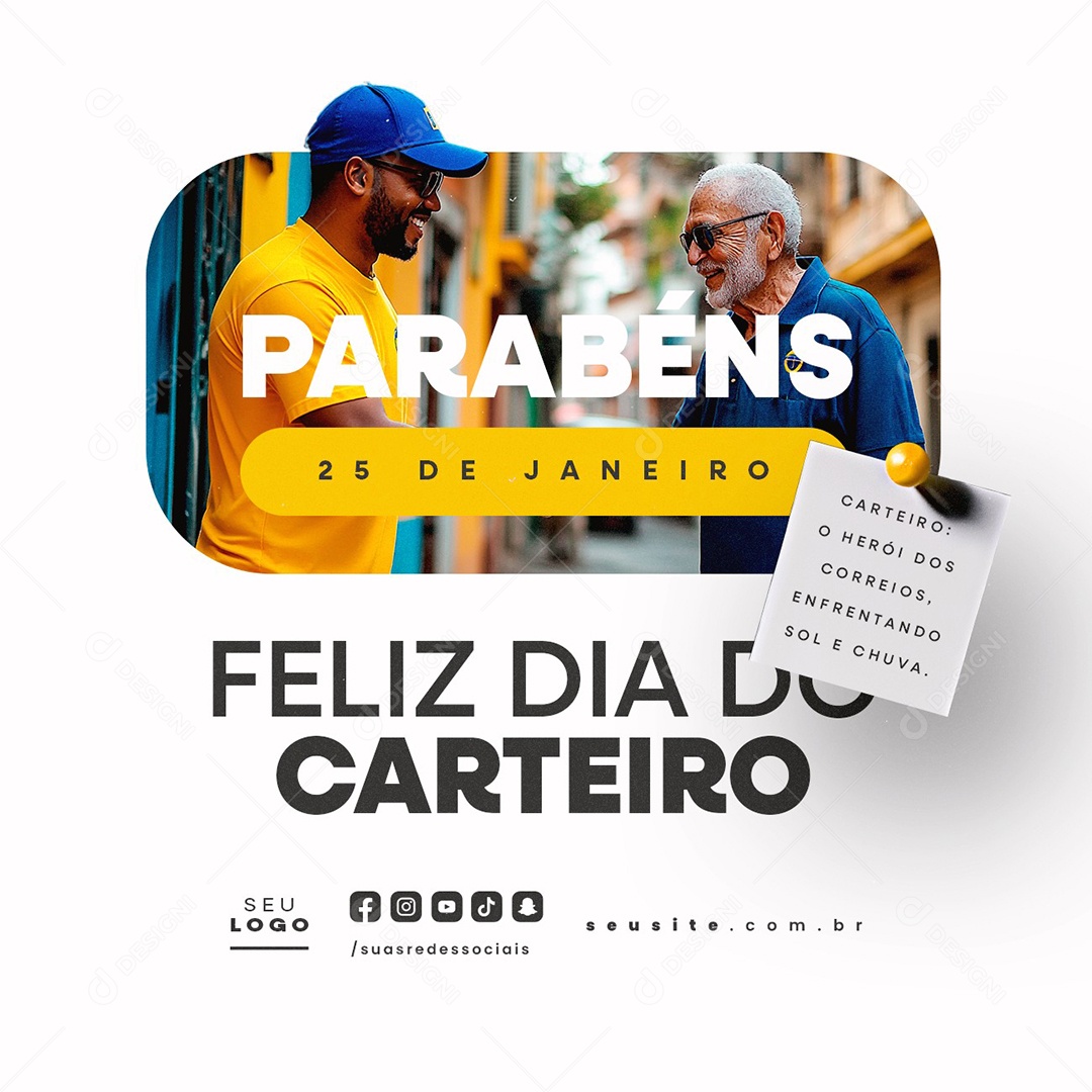 Feliz Dia do Carteiro 25 de Janeiro Herói dos Correios Social Media PSD Editável