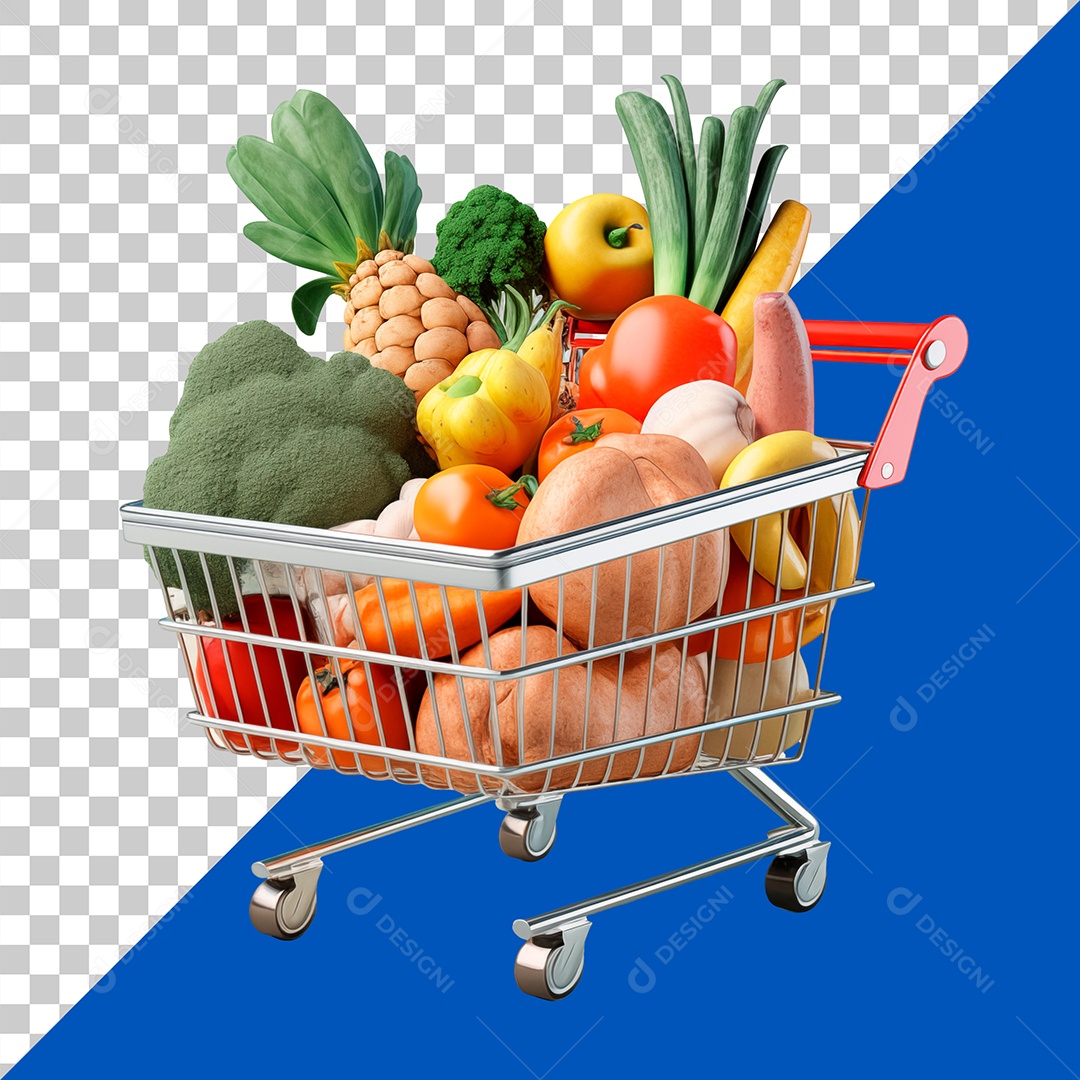 Carrinho de Supermercado Com Frutas e Verduras Para Composição PSD