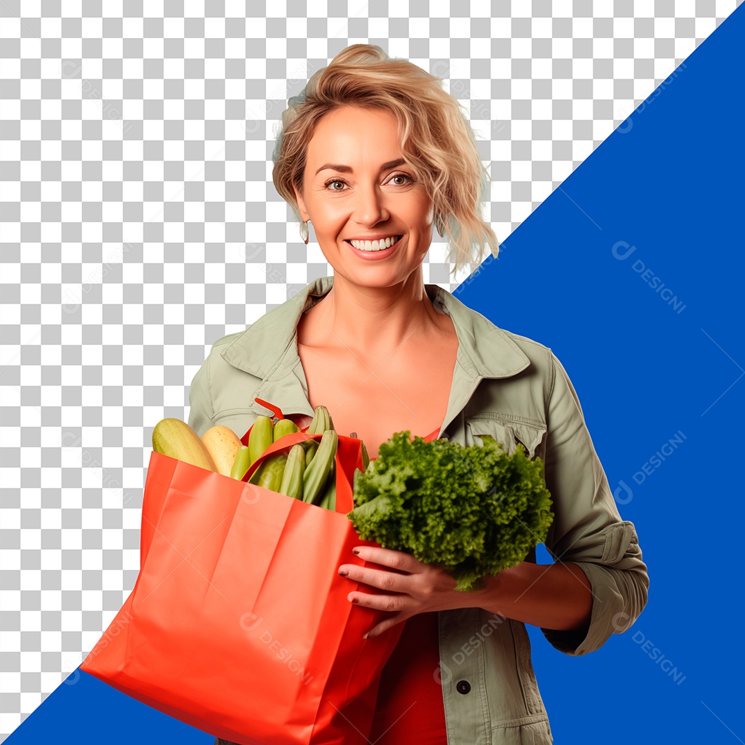 Mulher Feliz Com Sacola de Verduras de Supermercado Para Composição PSD
