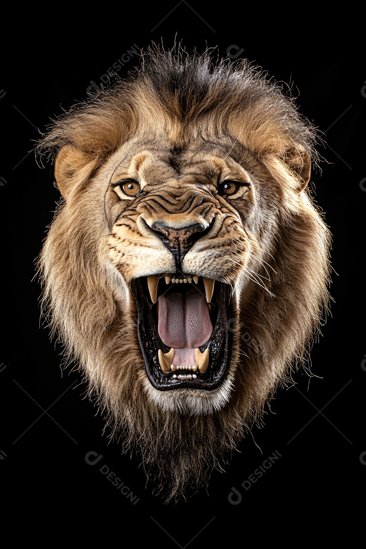 Leão rugindo sobre um fundo preto