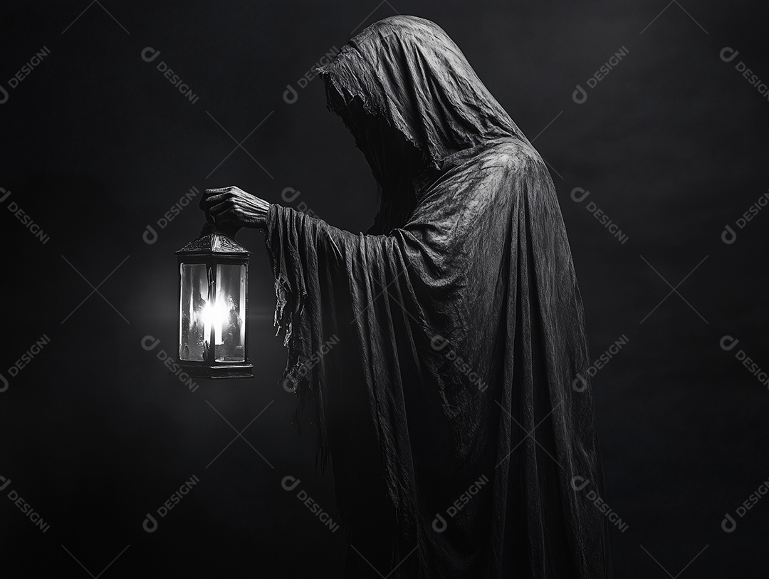 A morte é representada por um ser vestido com roupas longas e escuras