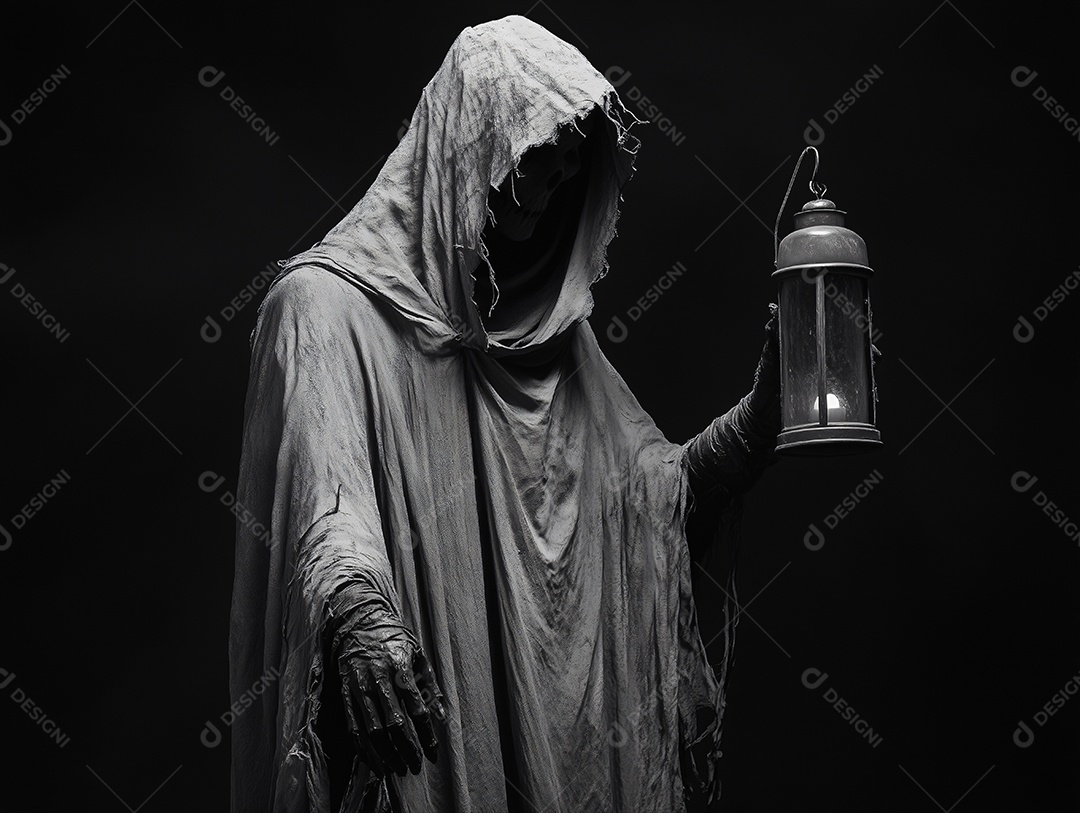 A morte é representada por um ser vestido com roupas longas e escuras