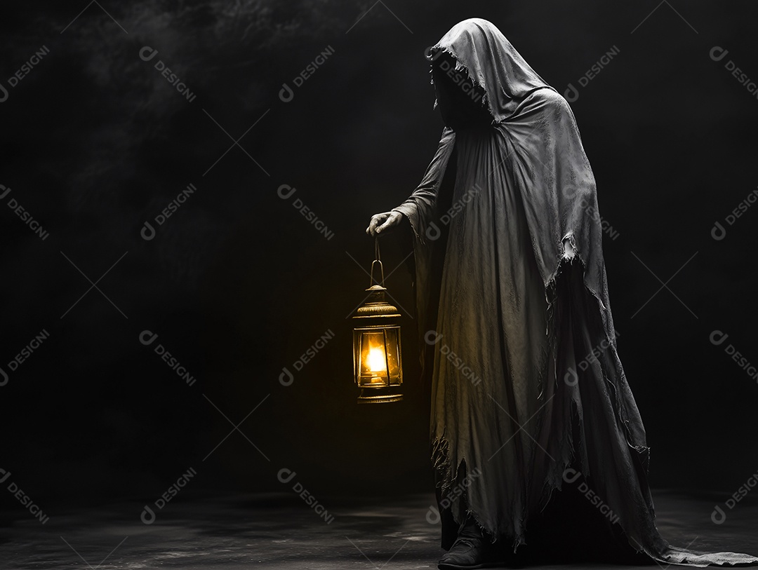 A morte é representada por um ser vestido com roupas longas e escuras