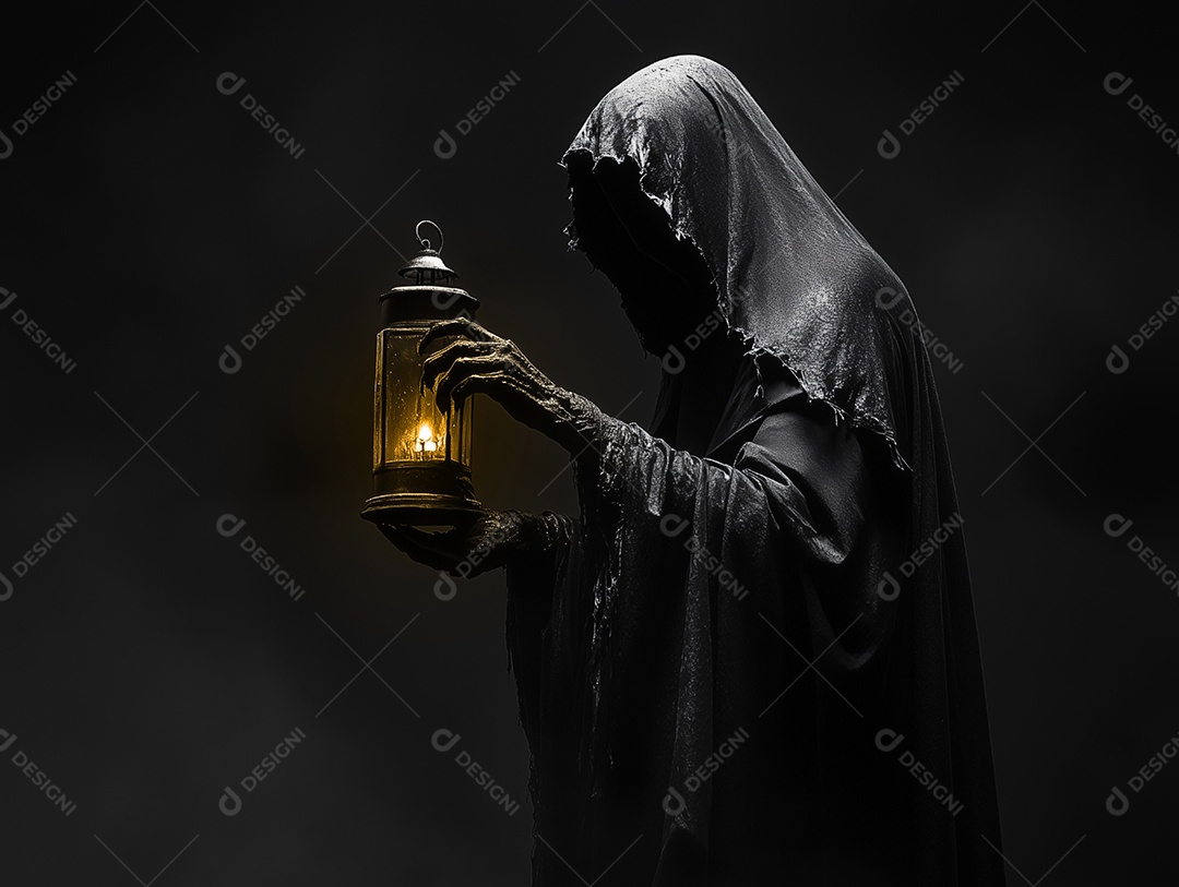 A morte é representada por um ser vestido com roupas longas e escuras