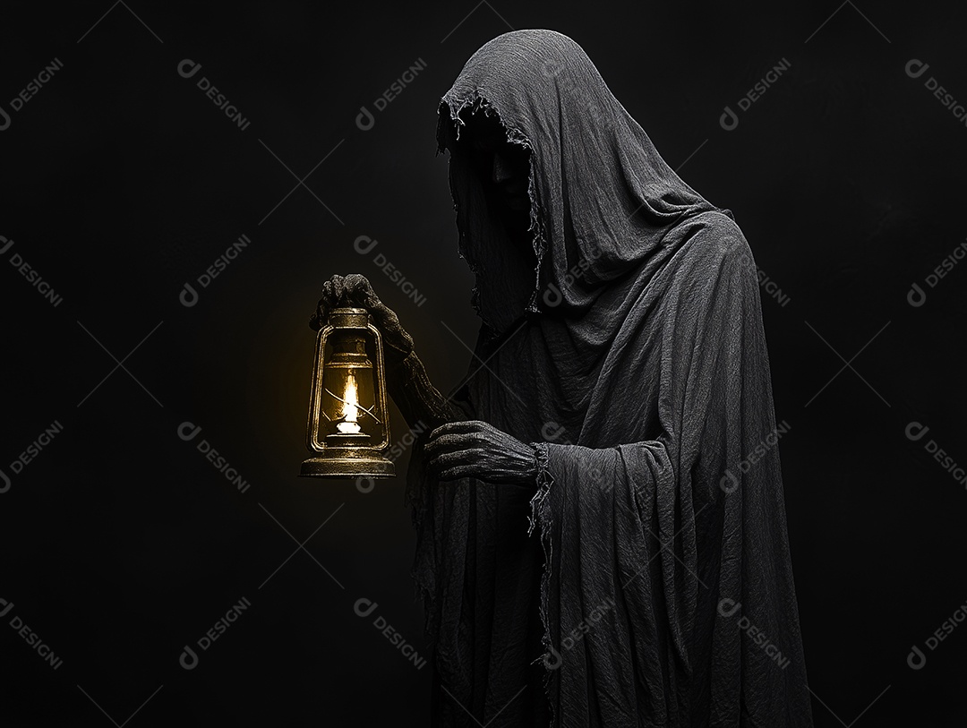 A morte é representada por um ser vestido com roupas longas e escuras