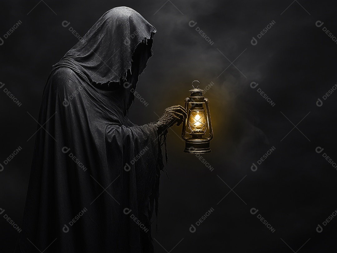 A morte é representada por um ser vestido com roupas longas e escuras