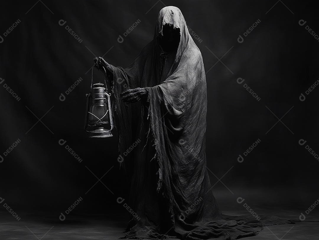 A morte é representada por um ser vestido com roupas longas e escuras