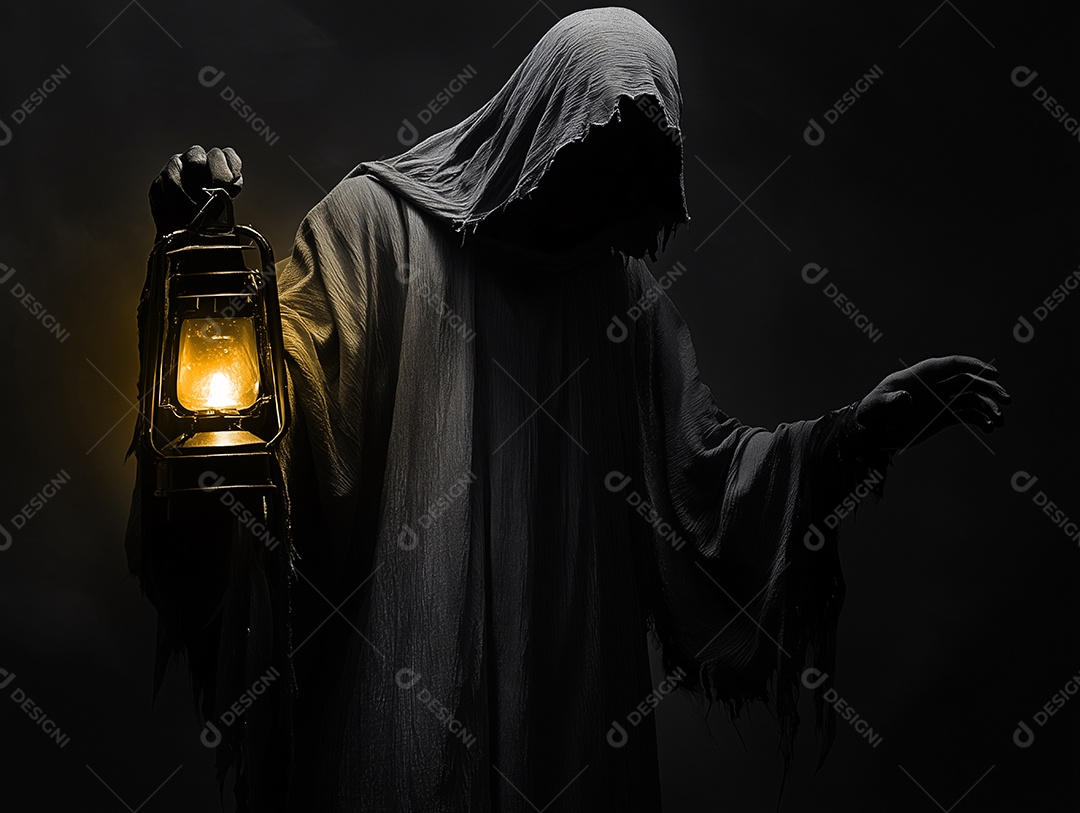 A morte é representada por um ser vestido com roupas longas e escuras